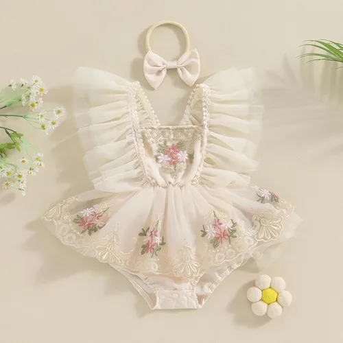 Vista 9 de Sasaerucure Traje de verano para bebé niña, sin mangas, mameluco de encaje tutú, mameluco de una pieza con volantes