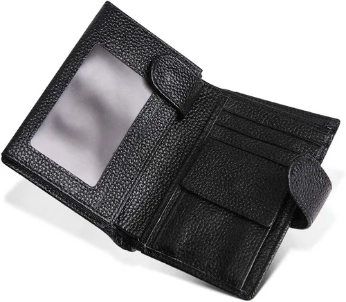 Vista 5 de Billetera vertical de tres pliegues de cuero hecha a mano vintage para mujer, con bloqueo RFID, pequeña cartera para tarjetas múltiples, Negro
