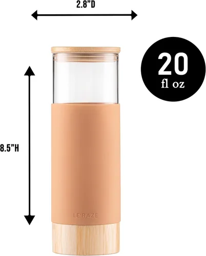 Vista 3 de Vaso de vidrio prémium de 20 onzas con popote y tapa de bambú y base con funda protectora de silicona, sin BPA, botella de agua Growler