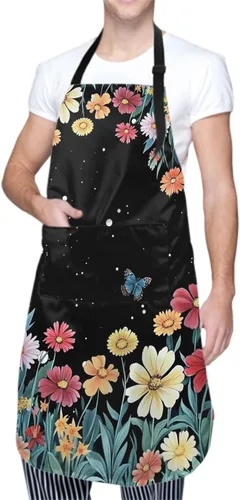 Vista 6 de Kawani Delantal adulto con bolsillos, delantal de cocina de chef Negro Floral