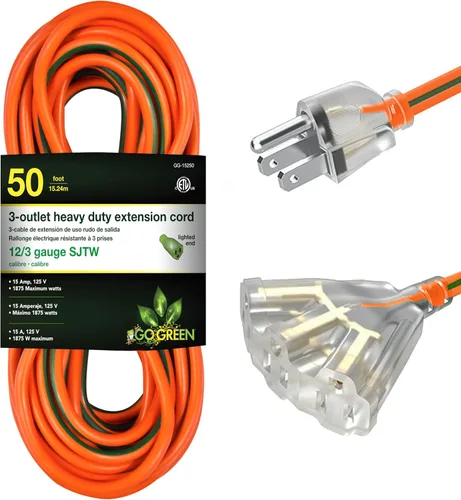 Vista 13 de GoGreen Power (GG-15225) Cable de extensión SJTW de 3 salidas de 12/3 de 25 pies, extremo iluminado, 25 pies