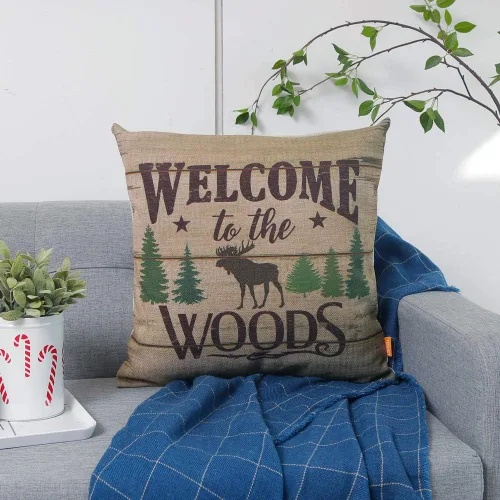 Vista 2 de Funda de almohada de cabaña Lodge de 18 x 18 pulgadas, diseño de alce de bienvenida al bosque, funda de cojín decorativa para sofá, funda de cojín