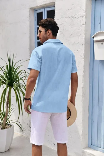 Vista 4 de Bbalizko Mens Short Sleeve Button Up Shirts Linen Cotton Beach Tops Spread Collar Plain Summer T Shirt with Pocket