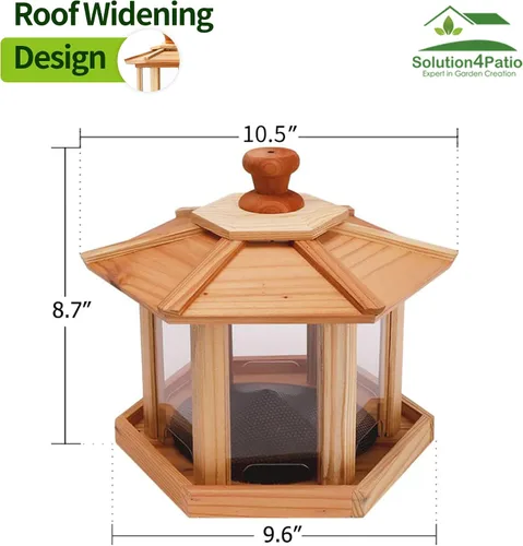 Vista 8 de Solution4Patio - Comedero para pájaros para exteriores, comedero tipo gazebo hexagonal de cedro de Estados Unidos con bandeja de malla ventilada