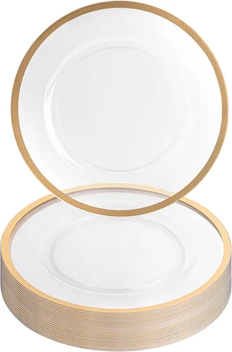 Vista 60 de PARTY BARGAINS Placas de carga de 13 pulgadas, paquete de 4, borde dorado transparente, cargadores desechables resistentes para comedor elegante Un