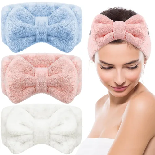 Vista 12 de Hicarer Diadema de toalla de 3 piezas para mujer, para maquillaje, spa, para lavarse la cara y la ducha (beige)