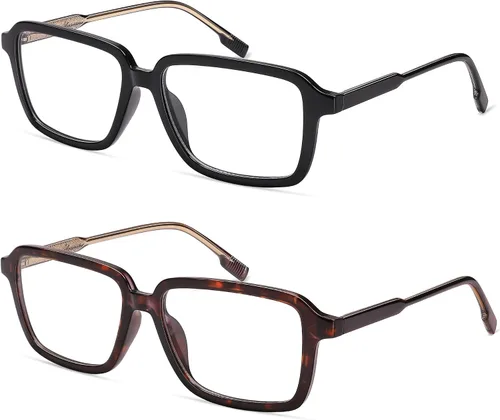 Vista 2 de AMOMOMA Paquete de 2 lentes de lectura retro para mujeres y hombres, marco rectangular para lector de computadora con luz azul AM6198
