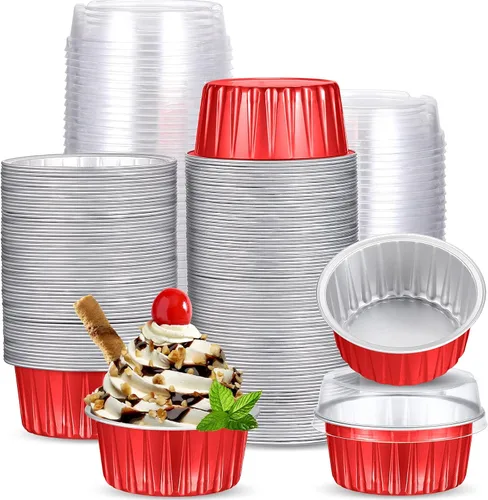 Vista 8 de 150 moldes desechables de papel de aluminio para hornear, con tapas, mini moldes para cupcakes de 5 onzas, moldes para flan, moldes para tartas