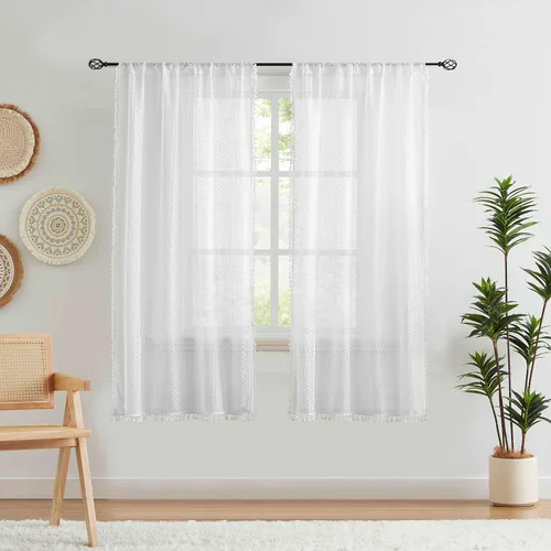 Vista 9 de ZJDECOR Cortinas traslúcidas de encaje bohemio de 54 pulgadas de largo, juego de 2 paneles de cortinas con patrón geométrico rústico beige