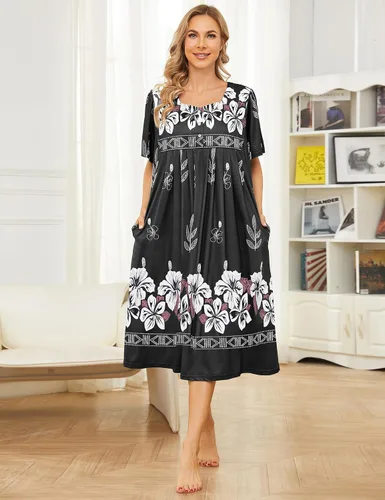 Vista 4 de Bloggerlove Camisón hawaiano para mujer, vestido de casa hawaiano Muumuu con estampado de tumbona, vestido de patio con bolsillos Moomoo