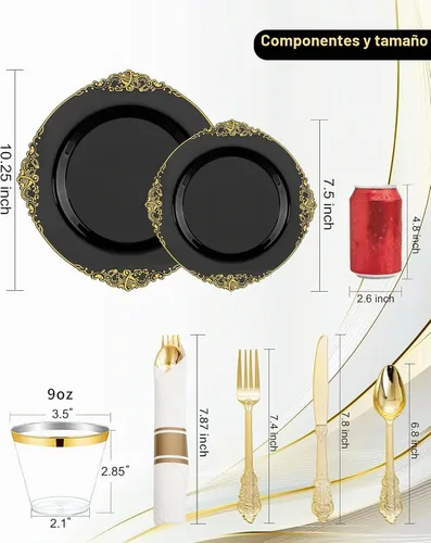Vista 3 de Nervure 175 platos de plástico negro, platos de fiesta desechables para 25