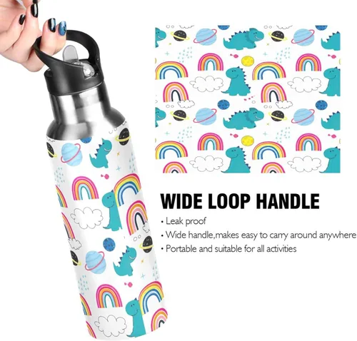 Vista 4 de Stainless Steel Vacuum Insulated Water Bottle 32 Oz, BPA-Free Sports Water Bottle with Straw for Gym Outdoor Travel School, Cute Dinosaurs Rainbows