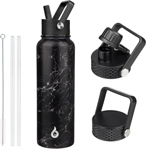 Vista 32 de BJPKPK Botellas de Agua Aisladas con Tapa de Pajita, Botella de Agua de Acero Inoxidable de 18oz, Termo Frío Caliente con 3 Tapas, Vaso de Viaje a