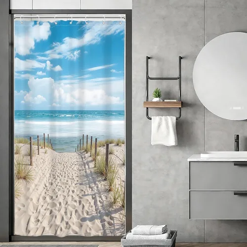 Vista 25 de Riyidecor Cortina de ducha con diseño de tortuga marina, playa, océano, náutico, versículo bíblico náutico, pez azul cristiano, conchas marinas