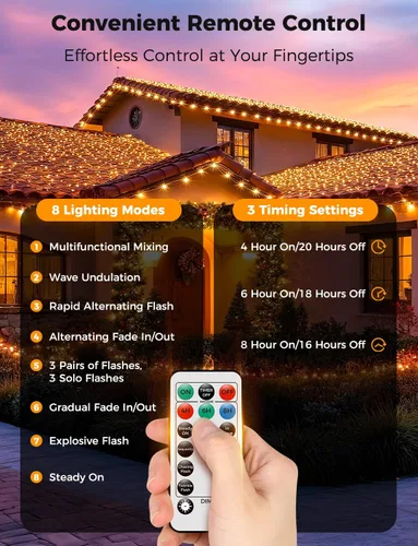 Vista 4 de Brightever Luces LED para árbol de Navidad, 900 bombillas de 295 pies, luz de Navidad exterior enchufable con control remoto, 8 modos