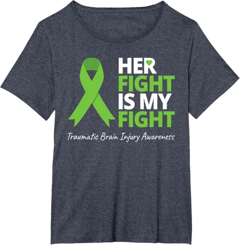 Vista 31 de Camiseta con cinta verde de la conciencia de la TBI, con texto en inglés "Her Fight Is My Fight" Jaspeado Oscuro