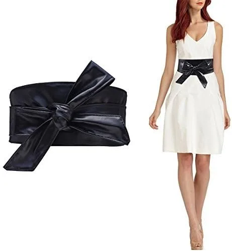 Vista 2 de Cinturón ancho de piel sintética para mujer, cinturón de Obi, cinturón de cincha con lazo, color brillante para vestido Negro