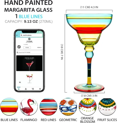 Vista 2 de YY Vidrio Margarita pintado a mano, colección marroquí, cristalería pintada a mano por artistas, vasos de Margarita únicos y decorativos, decoración