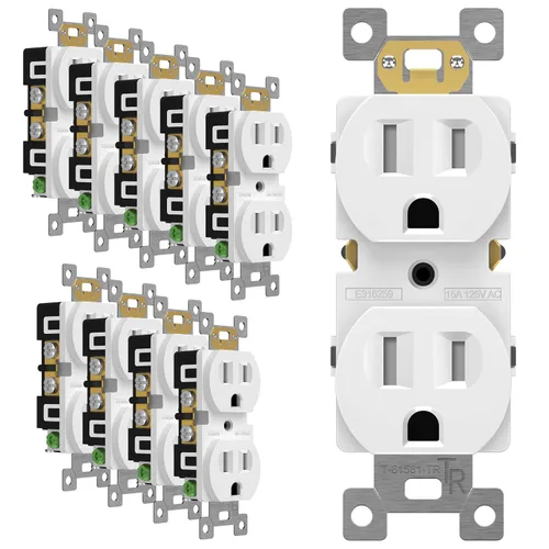 Vista 19 de ENERLITES Receptáculo dúplex, tomas de pared eléctricas resistentes a manipulaciones, grado comercial, 15A 125V, autoconectado, 2 polos, 3 cables