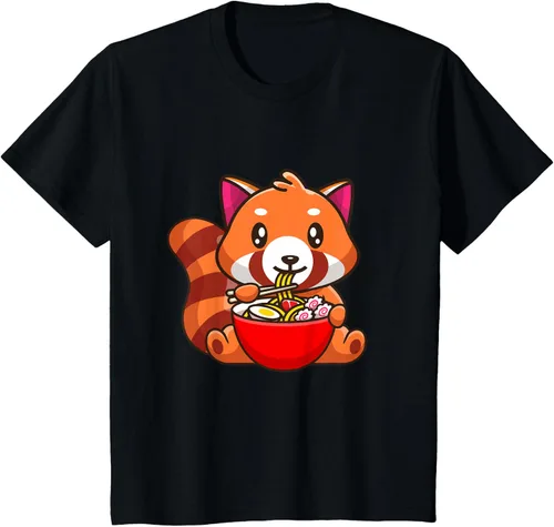 Vista 25 de Camiseta Kawaii Anime Red Panda Eating Ramen Noodles, Negro, S