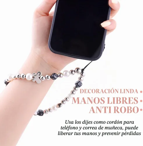 Vista 4 de 4 piezas de lindos encantos para teléfono con estilo Y2K, correa de muñeca para celular con cuentas brillantes, oso, cruz, corazón, accesorios