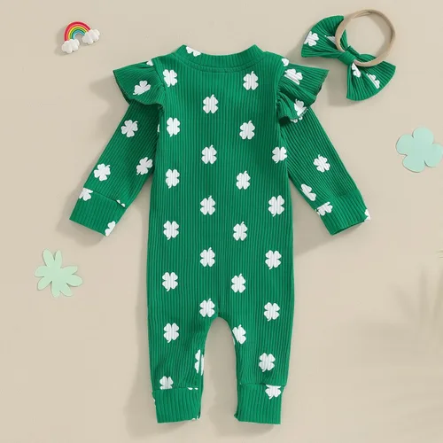 Vista 5 de Beautooly Trajes irlandeses para bebé niña, lindo mameluco de manga larga con lazo para la cabeza, día de San Patricio, ropa para recién nacida