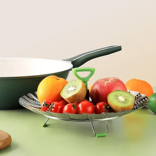 Vista 8 de Cesta de vapor plegable de acero inoxidable (7-11 pulgadas) con mango resistente al calor, ideal para cocinar mariscos, verduras, frutas, expandible