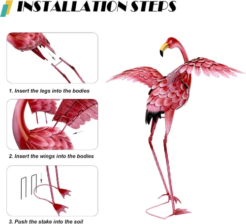Vista 6 de Natelf Decoraciones de flamenco rosa para patio, estatuas y esculturas de jardín de pájaros altos, adornos de metal para patio al aire libre, juego