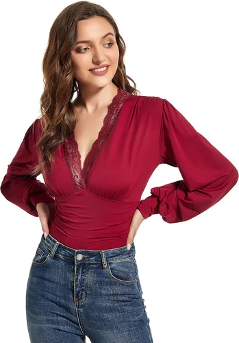 Vista 4 de LYANER Body de manga larga abombada con cuello en V y ribete de encaje para mujer