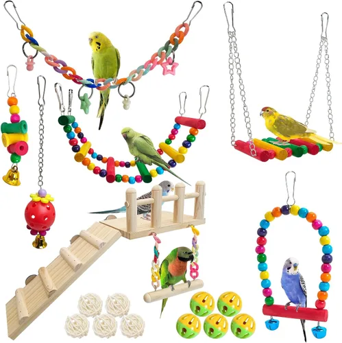 Vista 10 de Hamiledyi 13 piezas de juguetes para loros con columpio, mordedores, perchas para pájaros, plataforma con escalera de escalada y accesorios