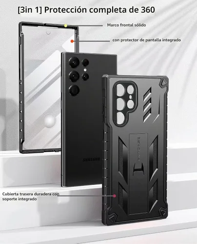 Vista 5 de FNTCASE - Funda para Samsung Galaxy S22 Ultra, protector de pantalla integrado, color negro Rugged Kickstand, 20FT Military-Grade Drop Protection