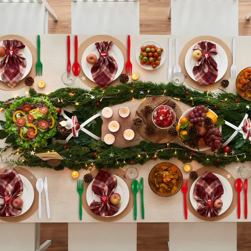 Vista 5 de Kochorie 360 cubiertos de plástico de Navidad desechables cubiertos de plástico para Navidad, rojo, verde, blanco, tenedores, cuchillos y cucharas