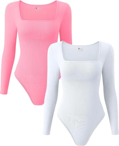 Vista 17 de OQQ Body de 2 piezas para mujer, sexy, acanalado, de una pieza, cuello cuadrado, manga larga, tops Negro Beige