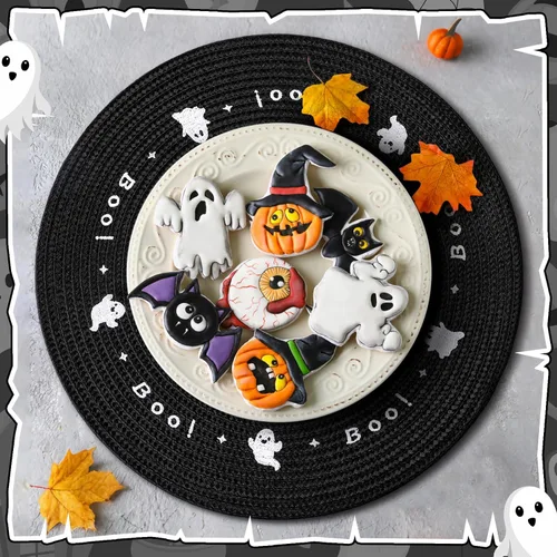 Vista 3 de Tioncy 6 manteles individuales de plástico para Halloween, redondos, bordados, fantasmas, 13.5 pulgadas, color negro, fantasmas espeluznantes, cena