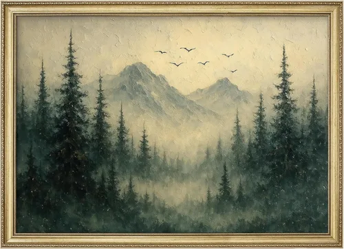 Vista 76 de MUDECOR Lienzo enmarcado prémium para pared, pinos nevados en bosque de invierno, ilustraciones modernas, arte contemporáneo, escénico, divertido