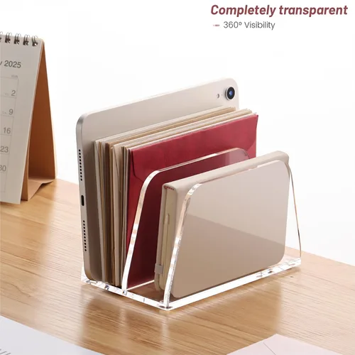 Vista 7 de SANRUI Organizador de correo acrílico para escritorio, soporte vertical para cartas, estantería transparente, 2 ranuras, clasificador de archivos