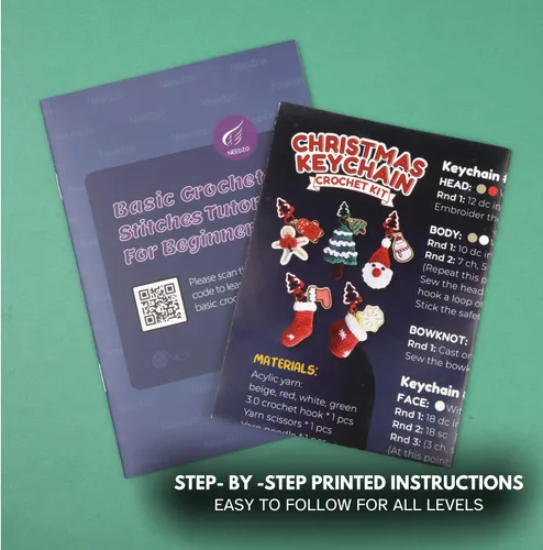 Vista 3 de Needzo Kit de ganchillo de llavero de Navidad, Amigurumi navideño, todos los suministros incluidos, tutoriales en video paso a paso, 5 diseños