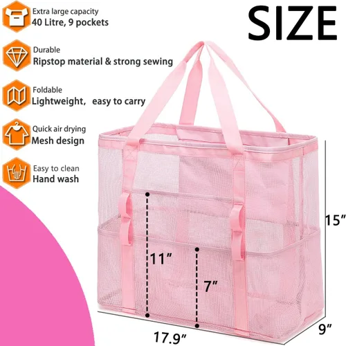 Vista 3 de Bolsa de playa de malla, bolsas grandes de playa con cremallera, bolsa de piscina para juguetes para viajes familiares, vacaciones, cruceros
