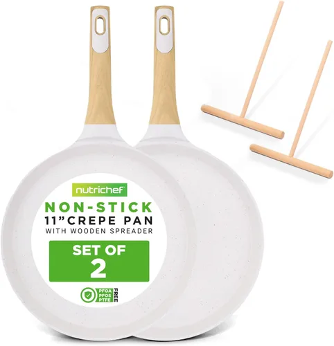 Vista 9 de NutriChef - Sartén para crepes de 24 cm (9.45 pulgadas) antiadherente con esparcidora de madera, sartén Dosa de mármol recubierto duradero, mango