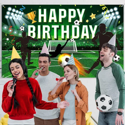 Vista 5 de Tatuo Telón de fondo de fiesta de cumpleaños de fútbol, fondo de campo de fútbol de poliéster con letras de feliz cumpleaños, incluye cuerda blanca