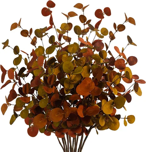 Vista 8 de 4 piezas de hojas artificiales de eucalipto de otoño, plantas de tallos verdes para el hogar, arreglo floral, boda, fiesta, otoño, Acción
