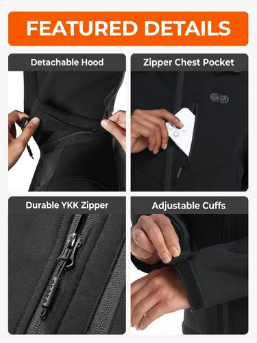 Vista 6 de ORORO Chaqueta térmica de doble control con 5 zonas de calor para mujer, abrigo térmico con batería recargable USB-C Negro