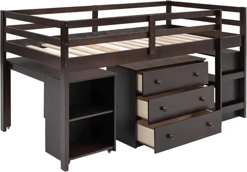 Vista 5 de Harper & Bright Designs Twin Low Loft Bed with Storage Cabinet and Rolling Portable Desk, Kids Twin Loft Bed with Bookshelf & Safety Guardrail and