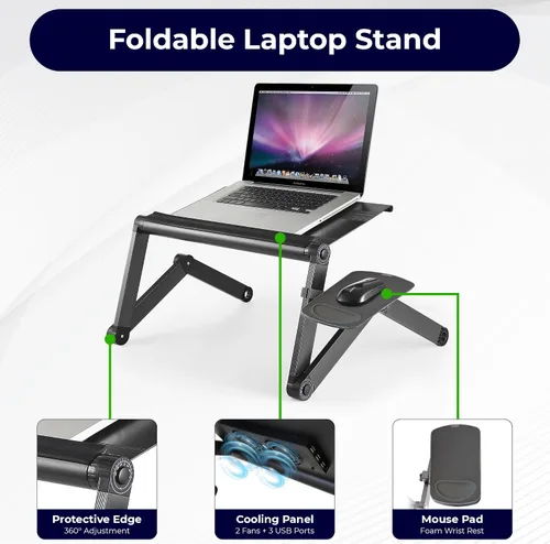 Vista 2 de WorkEZ - Soporte ajustable de refrigeración para computadora de escritorio con ventilador, puertos USB, alfombrilla de mouse, ergonómica, plegable