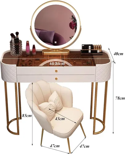 Vista 7 de Escritorio de tocador con espejo de luces regulables, mesa de tocador de maquillaje con 2 cajones y mesa de cristal, juego de mesa de tocador