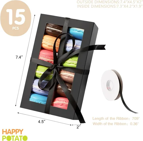 Vista 4 de HAPPY POTATO Paquete de 15 cajas de macarrones para 12, 7.2 x 4 x 1.9 pulgadas, caja de embalaje de macarrones con cinta, cajas de macarrones negros