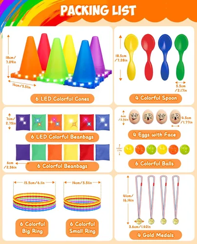 Vista 3 de Eocolz Juego combinado de 49 piezas de juegos de carnaval al aire libre para niños con luz LED, conos de plástico, obstáculos, puf, bolas
