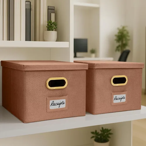 Vista 9 de ZICOTO Caja organizadora decorativa de archivos, juego de 2 archivadores plegables de lino con asas, perfectos para almacenar todos tus documentos