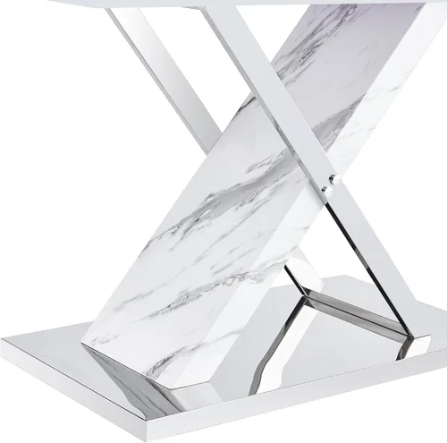 Vista 4 de Juego de mesa de comedor de mármol para mesa rectangular blanca de 4.63 pulgadas con marco de metal plateado en forma de X y 4 sillas de comedor