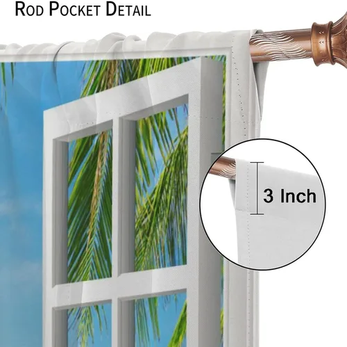 Vista 6 de Cortinas opacas para dormitorio con temática de vacaciones en la playa, palmeras, estilo verano, con bolsillo para barra, para sala de estar